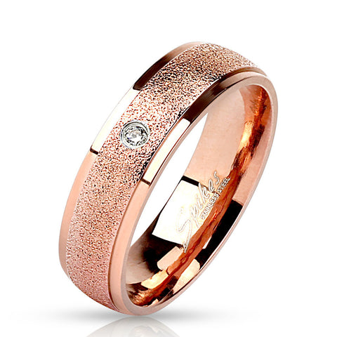 Rose gold plated sand finished band with CZ solitaire | Wholesale stainless steel rings - Jewelry | Large photo