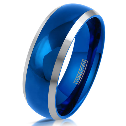 Royal blue tungsten carbide ring w/ silver Edges | Discount Tungsten Rings - Wedding Bands | White photo.