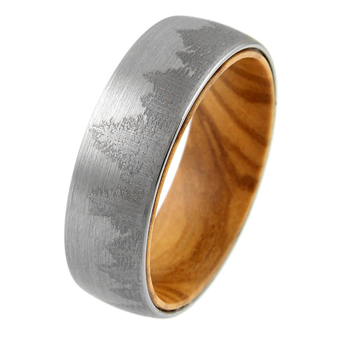 Brushed Finish tungsten carbide band ring w/ etched forest scene & olive wood inner band | Wholesale wedding bands | White upright photo