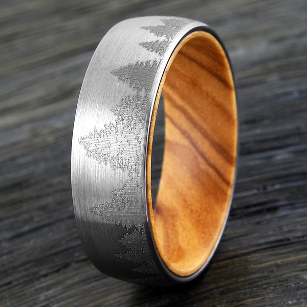 Brushed Finish tungsten carbide band ring w/ etched forest scene & olive wood inner band | Wholesale wedding bands | Wood upright photo