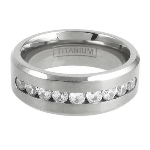 Satin finish titanium ring with nine channel set CZs & beveled edges | Wholesale Titanium Jewelry | Alternate photo