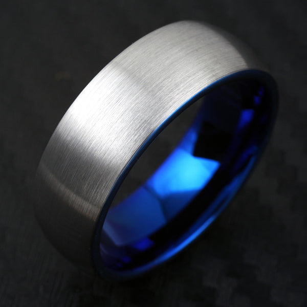 Two tone tungsten ring | Sapphire blue inside | Silver exterior | Wholesale tungsten rings - Wedding bands | Black photo