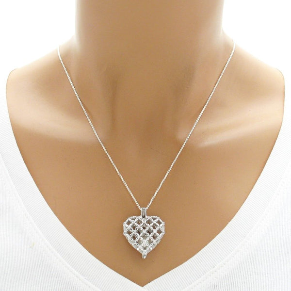 Stunning 925 Sterling Silver Large Heart Pearl Cage Pendant with CZ Accents - Mannequin Photo