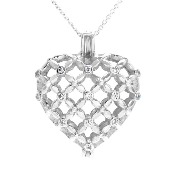Stunning 925 Sterling Silver Large Heart Pearl Cage Pendant with CZ Accents - w/o Pearl Photo