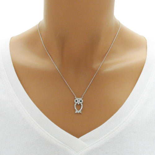 Luxurious Sterling Silver Owl Pendant Necklace with CZs. Available in 3 Colors.