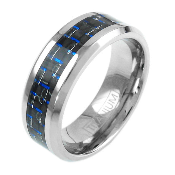 Silver titanium ring with black & blue carbon fiber inlay | Wholesale titanium rings - wedding bands | Main photo