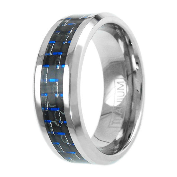 Silver titanium ring with black & blue carbon fiber inlay | Wholesale titanium rings - wedding bands | Alternate photo