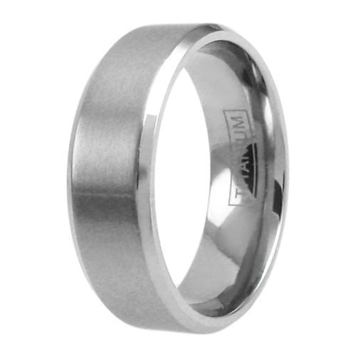 Silver-tone titanium ring with satin finish band & beveled edges | Wholesale Titanium Jewelry | Upright photo