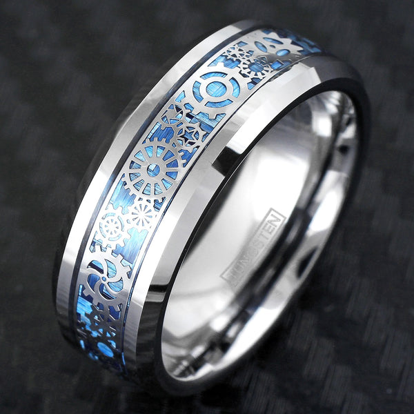 Silver tungsten band ring | Clockwork gears | Sky blue carbon fiber | Wholesale Tungsten Rings - Wedding Bands | black photo