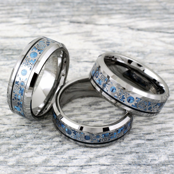Silver tungsten band ring | Clockwork gears | Sky blue carbon fiber | Wholesale Tungsten Rings - Wedding Bands | group photo