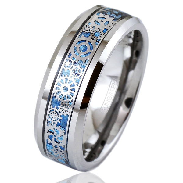 Silver tungsten band ring | Clockwork gears | Sky blue carbon fiber | Wholesale Tungsten Rings - Wedding Bands | white photo