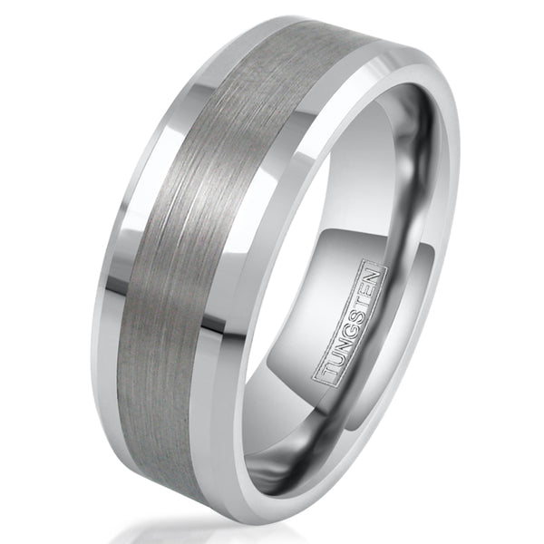 Silver tungsten band half polished and half brushed outer band | Wholesale tungsten rings - Wedding Bands | White photo
