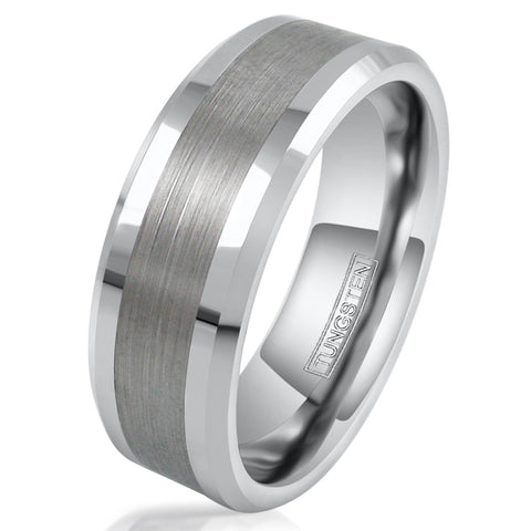 Silver tungsten band half polished and half brushed outer band | Wholesale tungsten rings - Wedding Bands | White photo