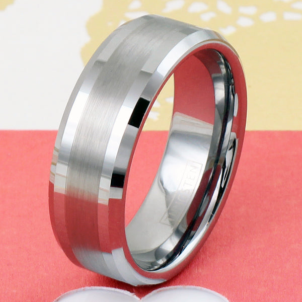 Silver tungsten band half polished and half brushed outer band | Wholesale tungsten rings - Wedding Bands | Card photo
