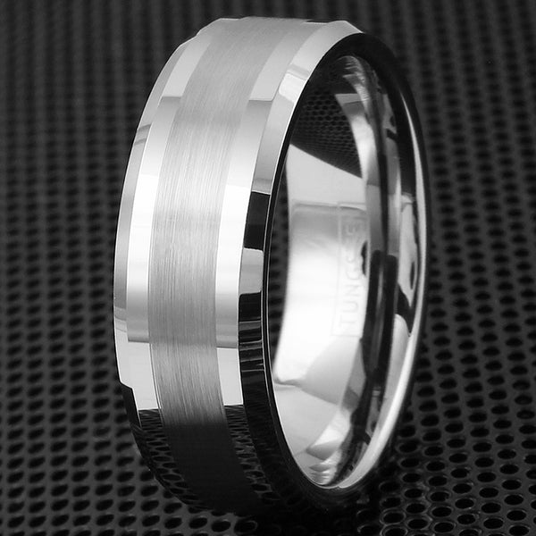 Silver tungsten band half polished and half brushed outer band | Wholesale tungsten rings - Wedding Bands | Black grill photo