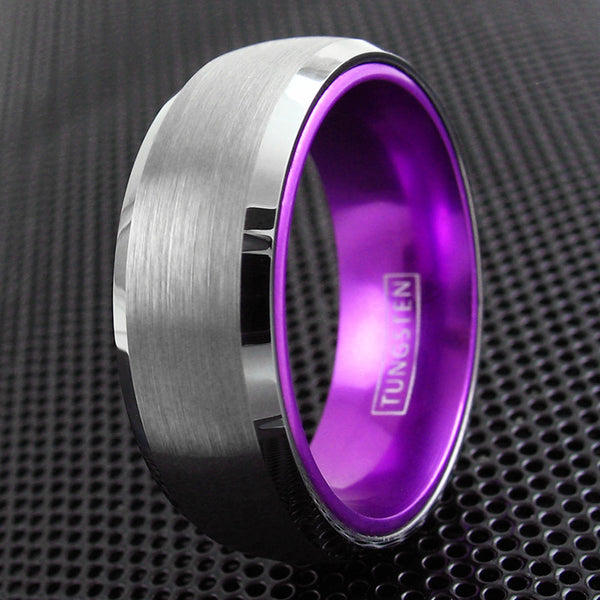 Silver Tungsten ring w/ purple anodized aluminum inner band | Wholesale ceramic rings - wedding bands | Black grill photo
