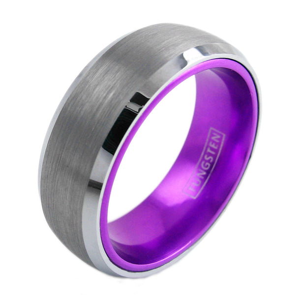 Silver Tungsten ring w/ purple anodized aluminum inner band | Wholesale ceramic rings - wedding bands | Diagonal photo