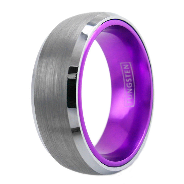 Silver Tungsten ring w/ purple anodized aluminum inner band | Wholesale ceramic rings - wedding bands | Upright photo