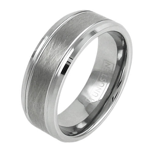 Classy silvery tungsten ring with brushed center band | Wholesale tungsten rings | Tungsten wedding bands | Diagonal photo.