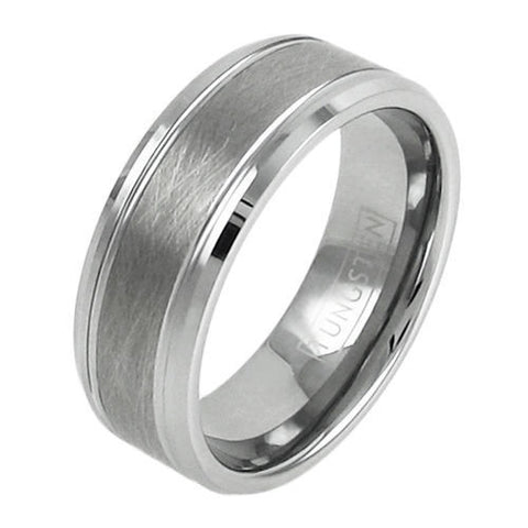 Classy silvery tungsten ring with brushed center band | Wholesale tungsten rings | Tungsten wedding bands | Diagonal photo.