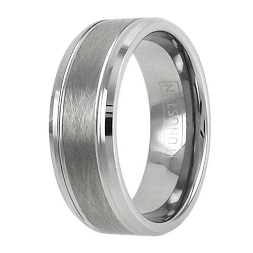 Classy silvery tungsten ring with brushed center band | Wholesale tungsten rings | Tungsten wedding bands | Upright photo.