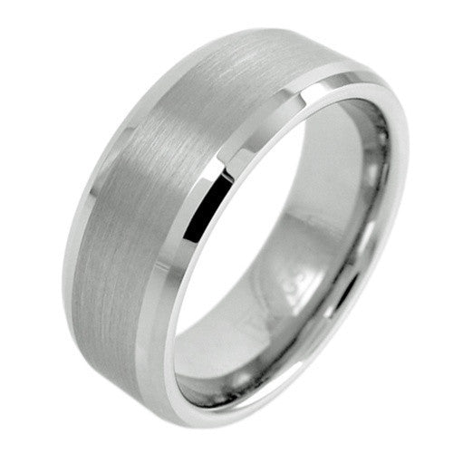 Silver tungsten ring | Chamfered edges | Wide brush finish stripe | Wholesale tungsten rings - Wedding bands | Main photo