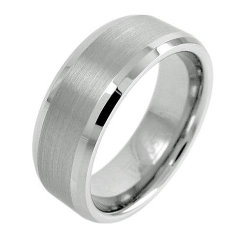 Silver tungsten ring | Chamfered edges | Wide brush finish stripe | Wholesale tungsten rings - Wedding bands | Main photo