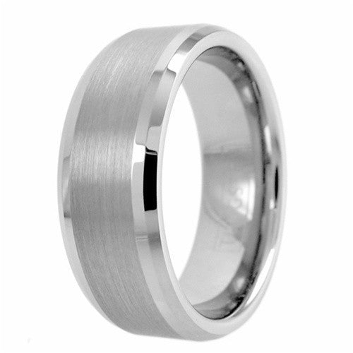 Silver tungsten ring | Chamfered edges | Wide brush finish stripe | Wholesale tungsten rings - Wedding bands | Upright photo