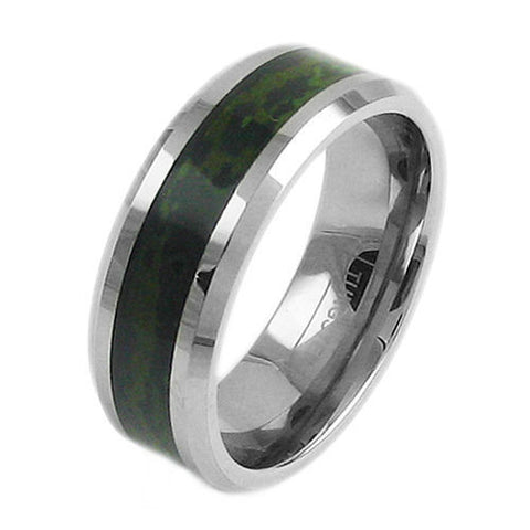 Silver tungsten ring | Chamfered | Deep green forest camo inlay. Wholesale tungsten rings | Wedding bands. Diagonal photo.