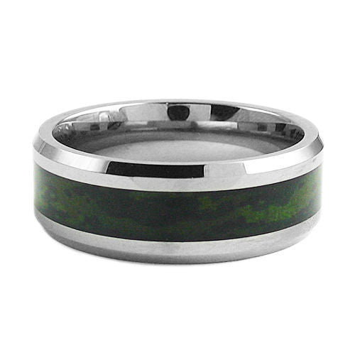 Silver tungsten ring | Chamfered | Deep green forest camo inlay. Wholesale tungsten rings | Wedding bands. Flat photo.