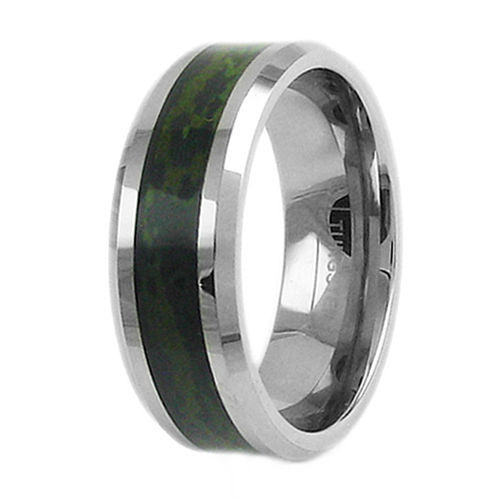 Silver tungsten ring | Chamfered | Deep green forest camo inlay. Wholesale tungsten rings | Wedding bands. Upright photo.