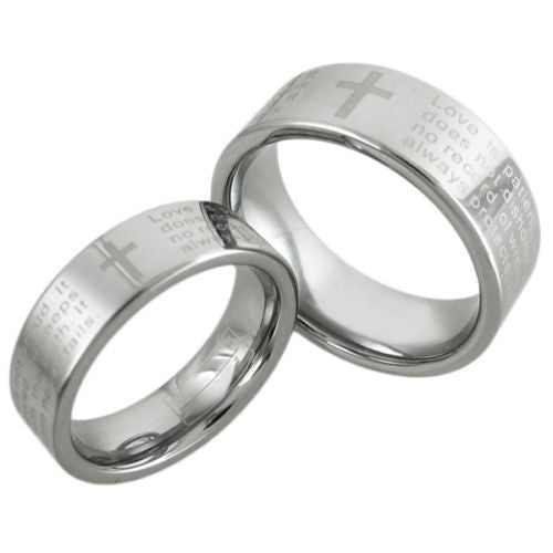 Silver tungsten ring with 1st Corinthians engraved. Couple Ring Photo. Wholesale Tungsten Rings | Tungsten Wedding Bands.