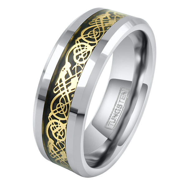 Silver tungsten ring | Gold Celtic dragon | Dark black inlay. Wholesale Tungsten Rings - Wedding Bands | White Photo
