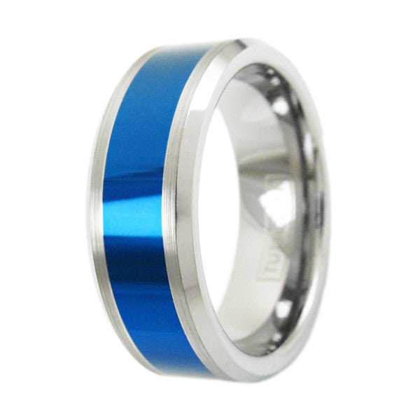 Gorgeous Silver Tungsten Ring with Polished Royal Blue Center Band and Beveled Edges.