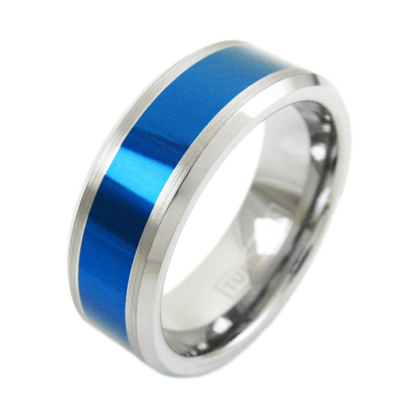 Gorgeous Silver Tungsten Ring with Polished Royal Blue Center Band and Beveled Edges.