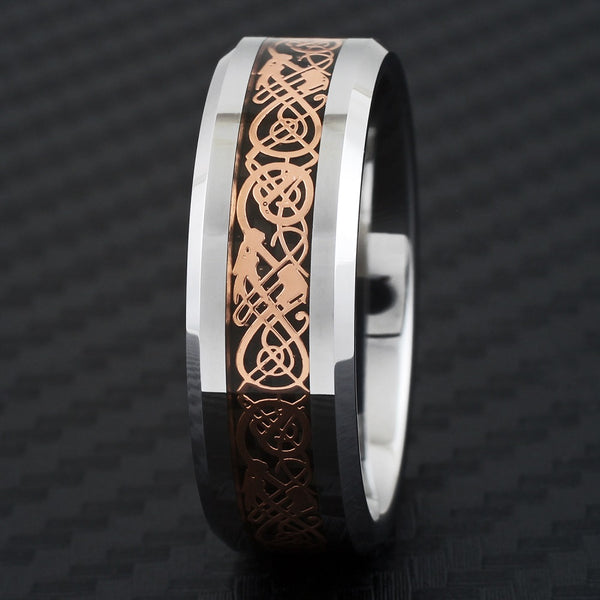 Silver tungsten ring w/ Rose gold Celtic dragon on black inlay. Wholesale Tungsten Rings - Wedding Bands | Black Front Photo.