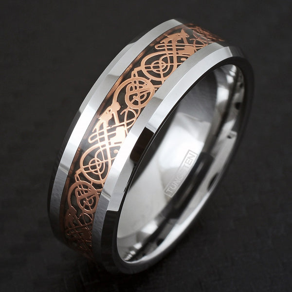 Silver tungsten ring w/ Rose gold Celtic dragon on black inlay. Wholesale Tungsten Rings - Wedding Bands | Black diagonal Photo.