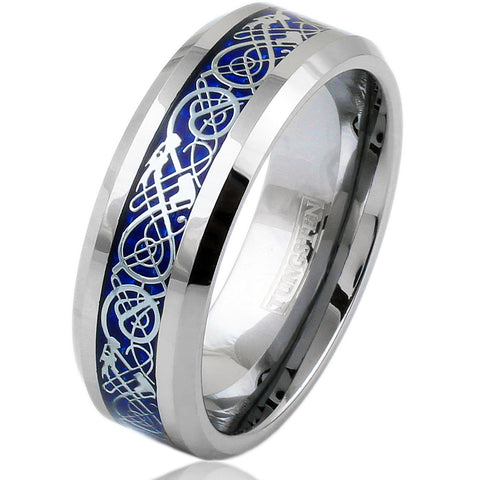 Silver tungsten ring & Celtic dragon | Royal blue faux carbon fiber inlay. Wholesale Tungsten Rings - Wedding Bands | White Photo.