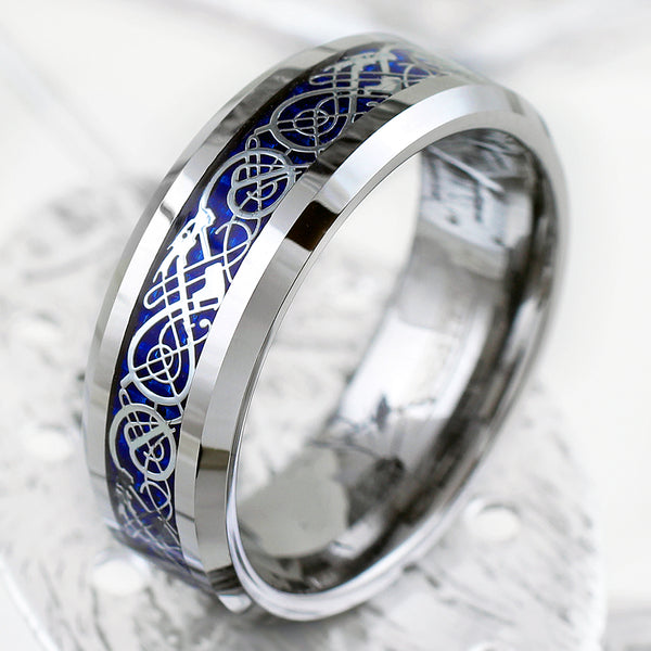 Silver tungsten ring & Celtic dragon | Royal blue faux carbon fiber inlay. Wholesale Tungsten Rings - Wedding Bands | Tilt Leaf Photo.