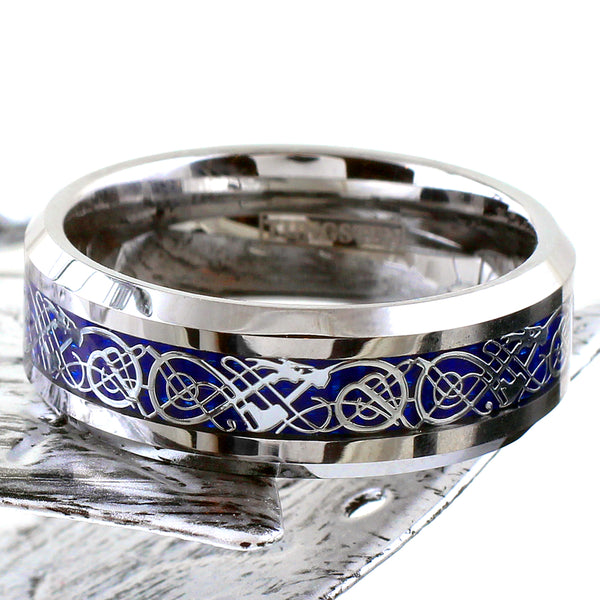 Silver tungsten ring & Celtic dragon | Royal blue faux carbon fiber inlay. Wholesale Tungsten Rings - Wedding Bands | Flat Leaf Photo.