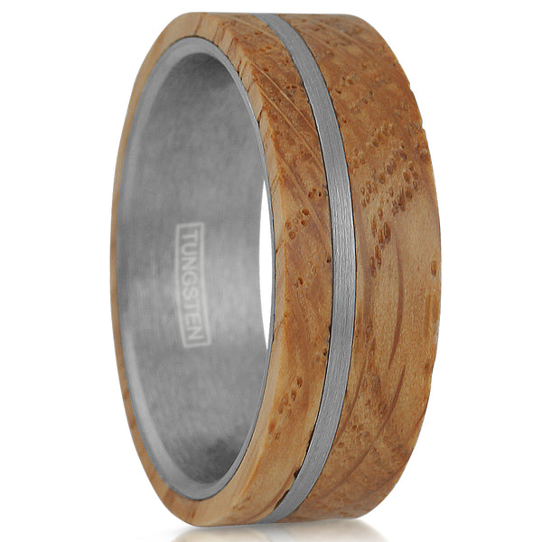 whiskey barrel oak wood tungsten carbide band ring w/ off-center silver stripe | White upright photo