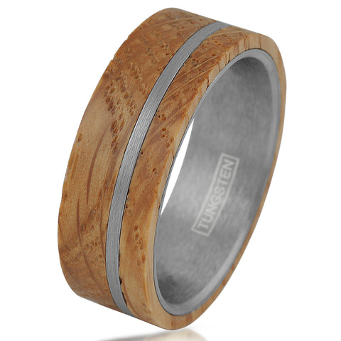 whiskey barrel oak wood tungsten carbide band ring w/ off-center silver stripe | White tilted photo