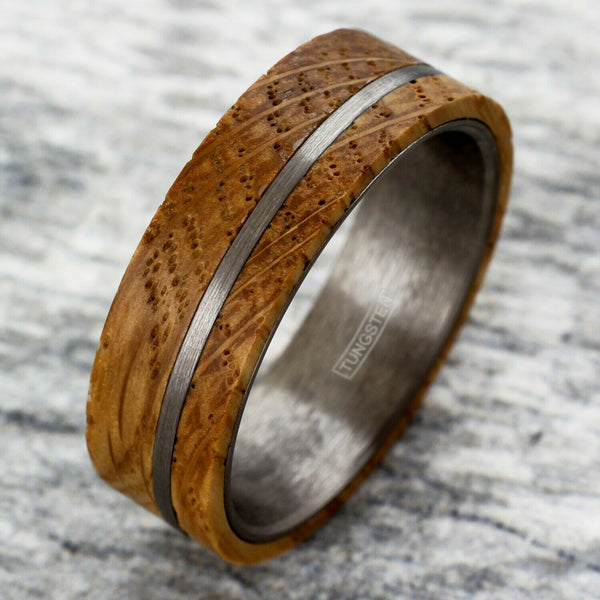 whiskey barrel oak wood tungsten carbide band ring w/ off-center silver stripe | Marble tilted photo