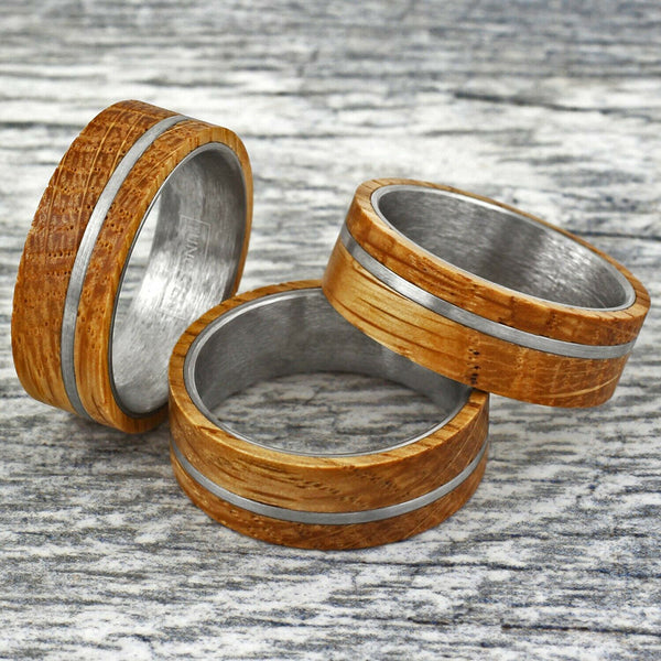 whiskey barrel oak wood tungsten carbide band ring w/ off-center silver stripe | Group photo