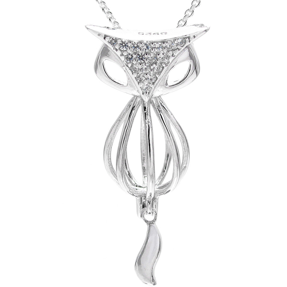 Sly 925 Sterling Silver Fox Pearl Cage Pendant with CZ Encrusted Head. 925Express