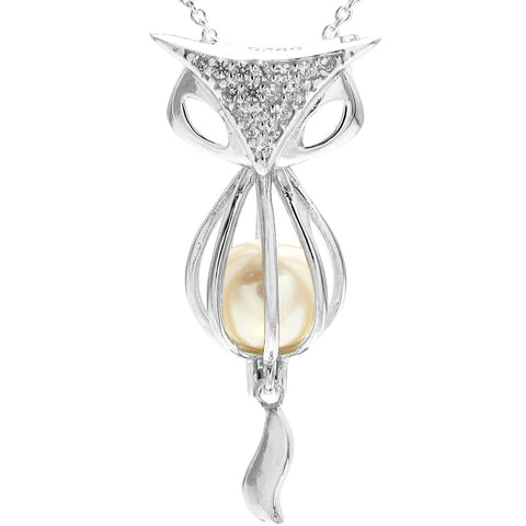 Sterling silver fox pearl cage pendant w/ CZ encrusted head | Wholesale 925 sterling silver jewelry | Pearl photo