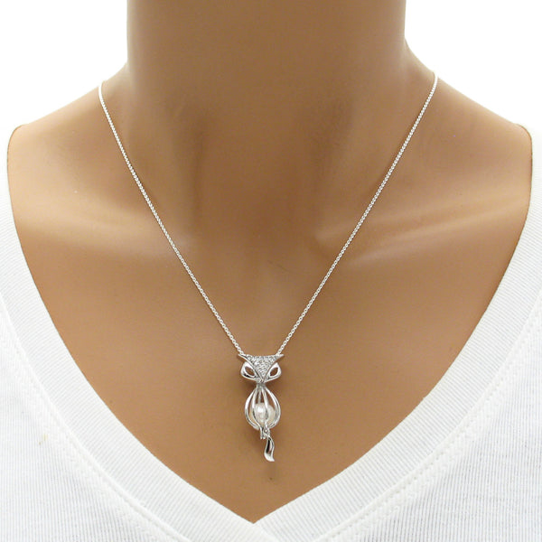 Sterling silver fox pearl cage pendant w/ CZ encrusted head | Wholesale 925 sterling silver jewelry | Mannequin photo