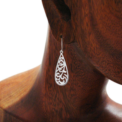 Small fern frond filigree teardrop hanging earrings | Wholesale 925 Sterling Silver Jewelry | Alternate Photo
