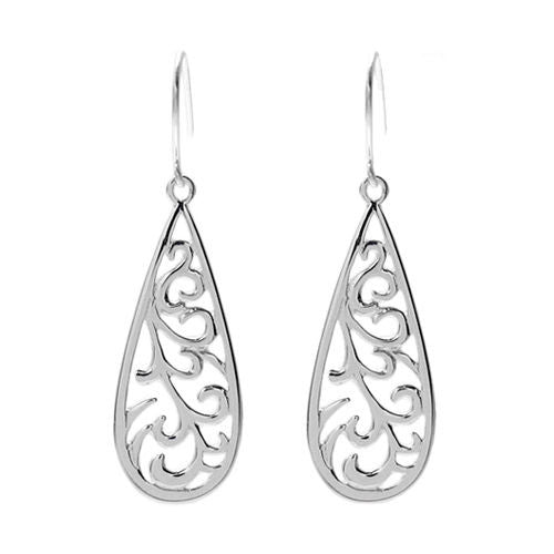 Small fern frond filigree teardrop hanging earrings | Wholesale 925 Sterling Silver Jewelry | Item Photo