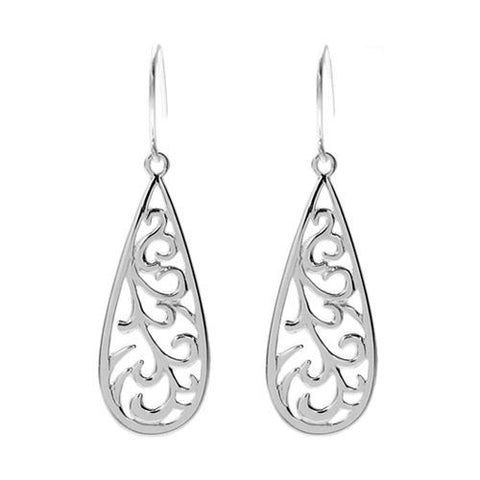 Small fern frond filigree teardrop hanging earrings | Wholesale 925 Sterling Silver Jewelry | Item Photo